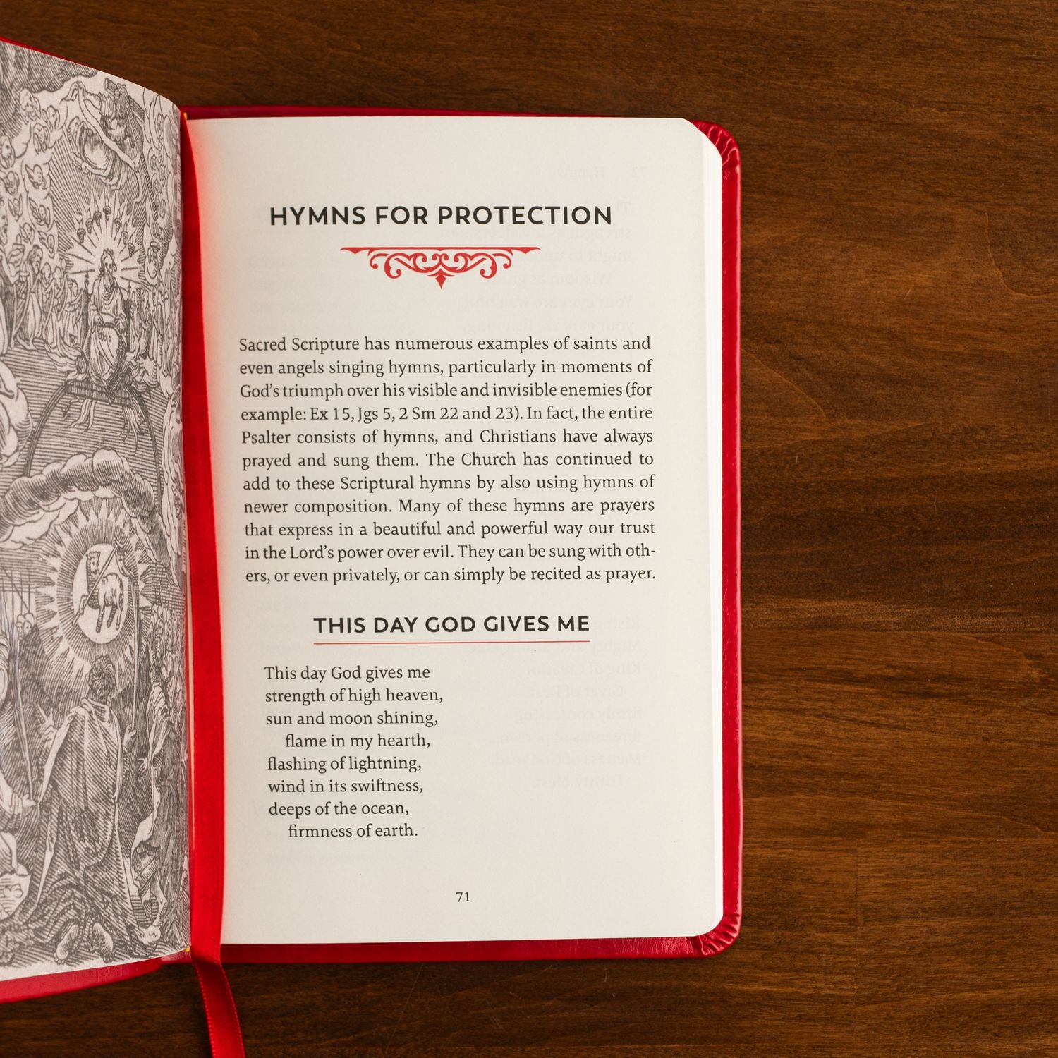 Open hymnal book showing ornate religious illustrations and text about hymns for protection on a dark wooden surface.
