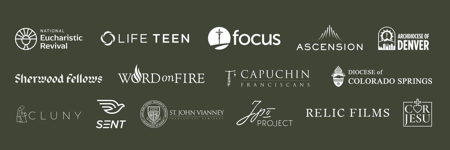 Collection of Catholic organization logos including Life Teen, Focus, Ascension, Word on Fire, and Relic Films on green background.
