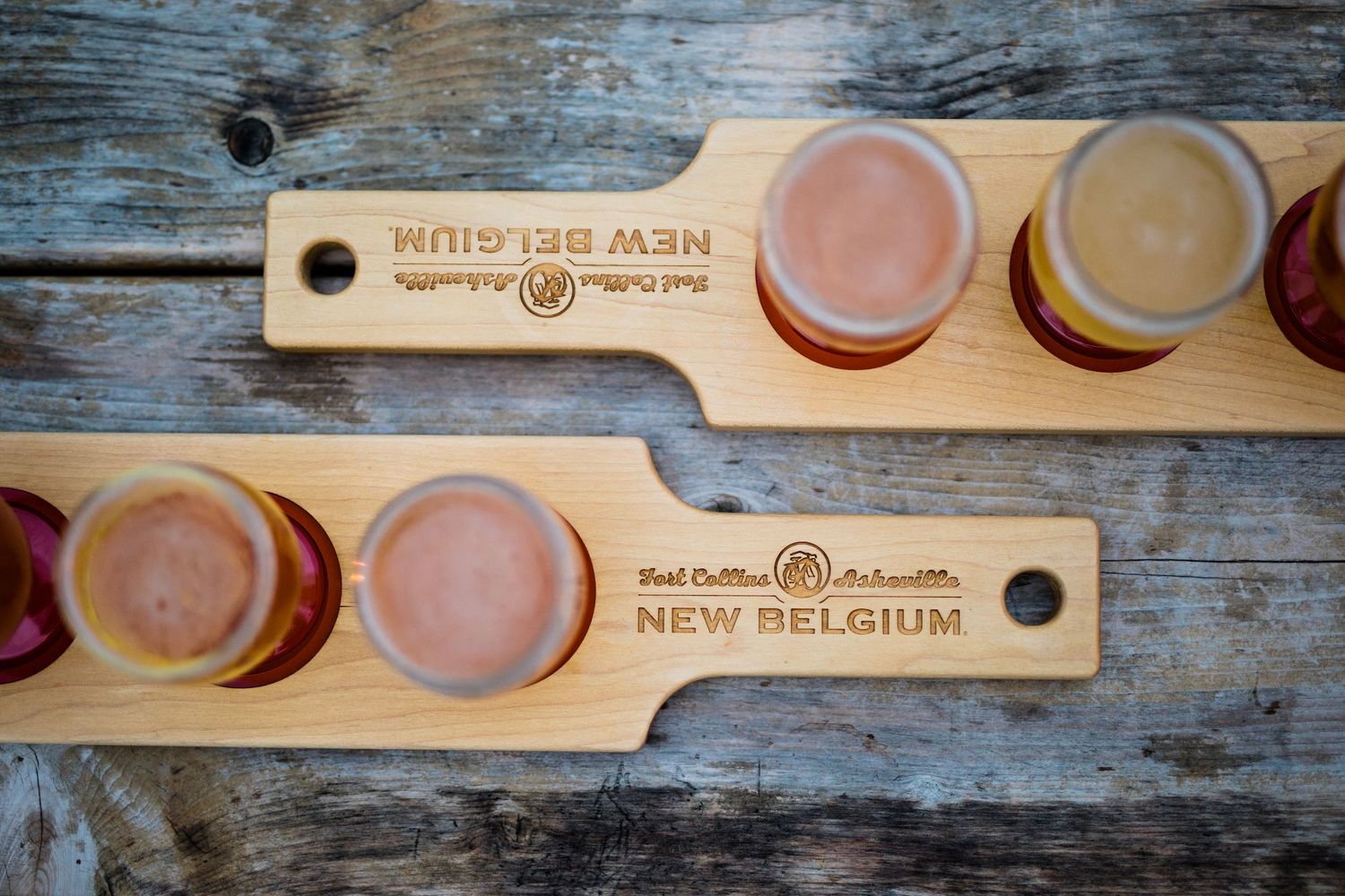 Beer tasting flight samples arranged on wooden paddle boards at a craft brewery.