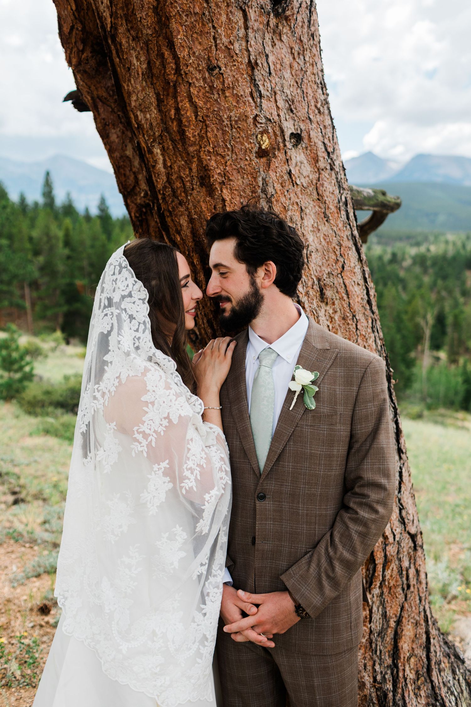 Bride and groom share a romantic moment by a tree with mountain views, she in lace veil, he in brown suit.