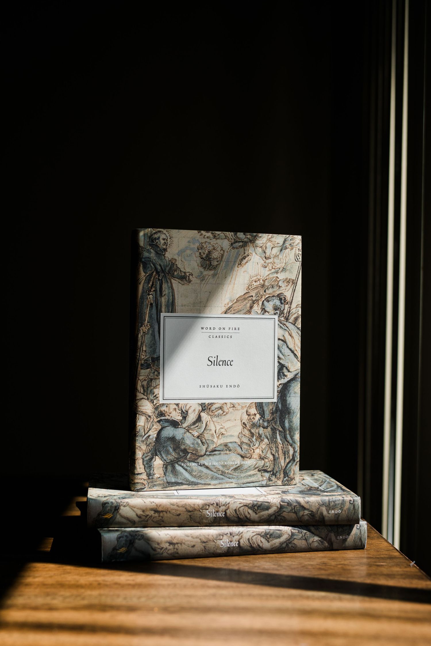 Stack of books with ornate classical art covers, featuring 