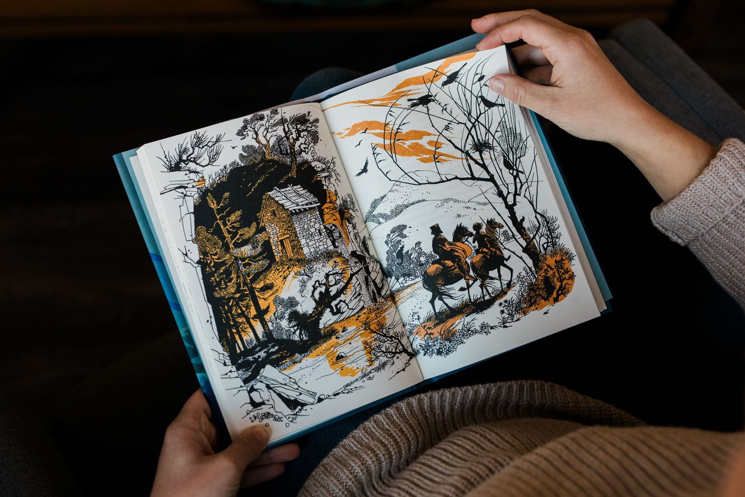 Hands holding an open illustrated children's book showing detailed black and orange artwork across its pages.
