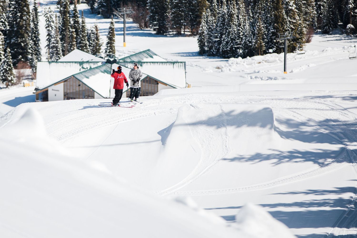 A skier stands at the top of a snowy slope with snow-covered buildings and evergreen trees in the background.