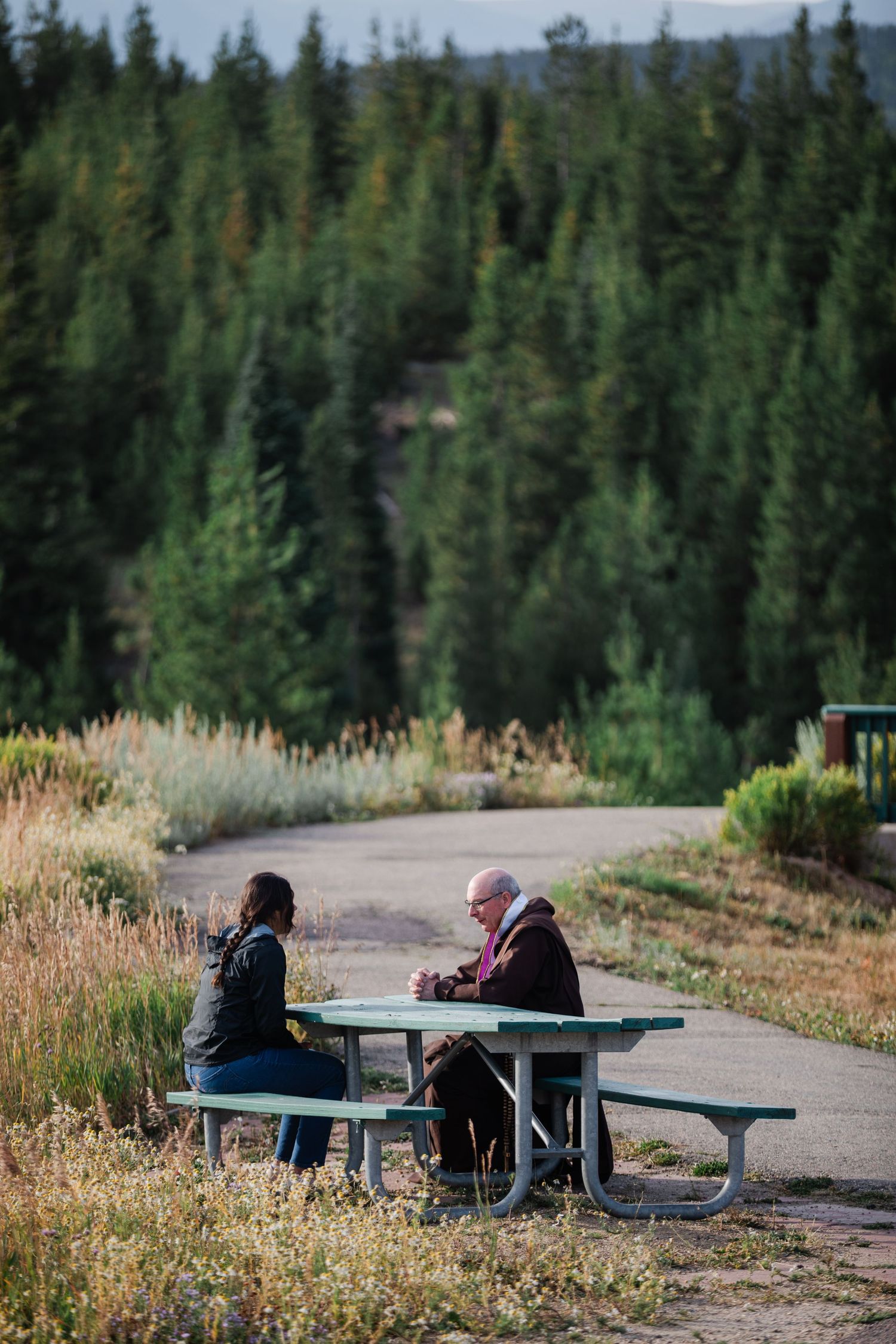 Row of picnic tables overlooking evergreen forest landscape in mountain setting.