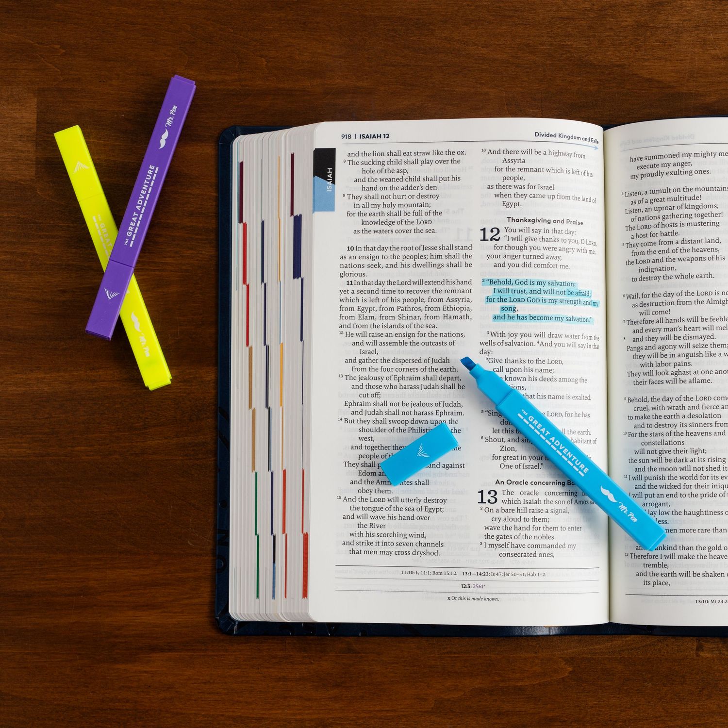 Open book pages with colorful highlighter markers and sticky notes on a dark wooden desk surface.