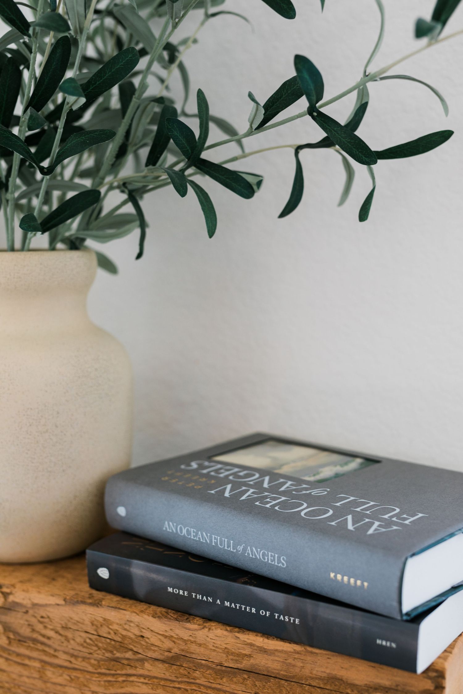 Stack of two books beside ceramic vase with olive branches on rustic wooden shelf.