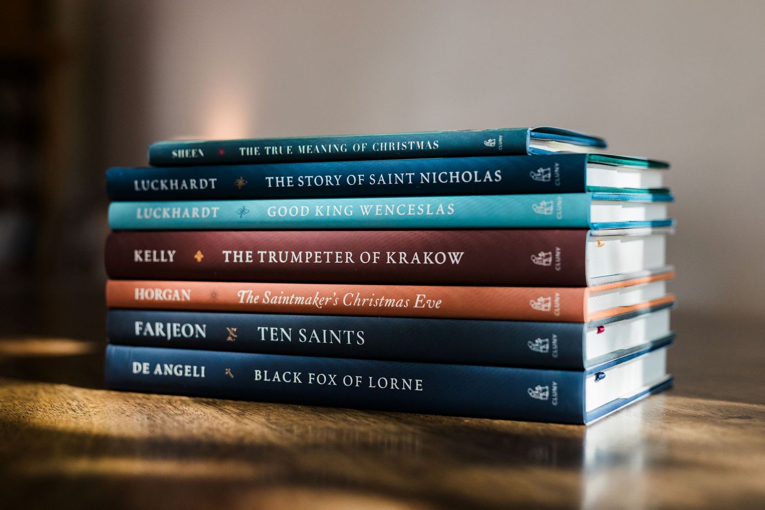 Stack of hardcover books with blue spines arranged in a row on a wooden surface with soft lighting.