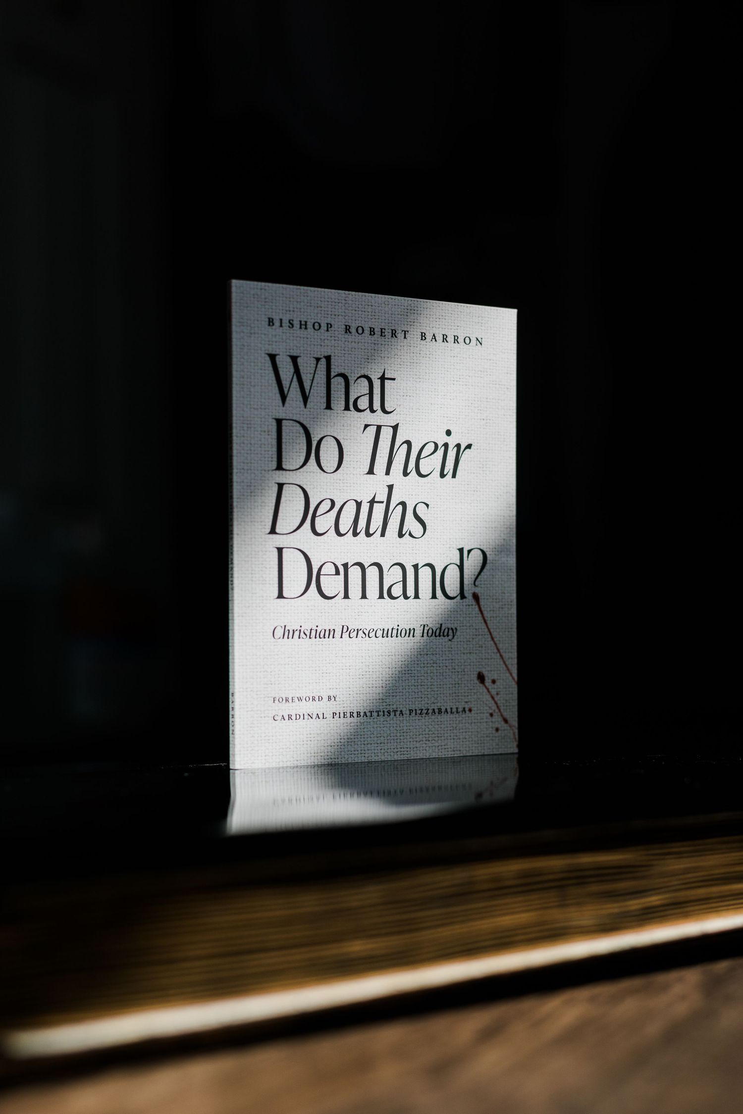 Bishop Robert Barron's book 'What Do Their Deaths Demand?' about Christian persecution displayed in dramatic lighting.