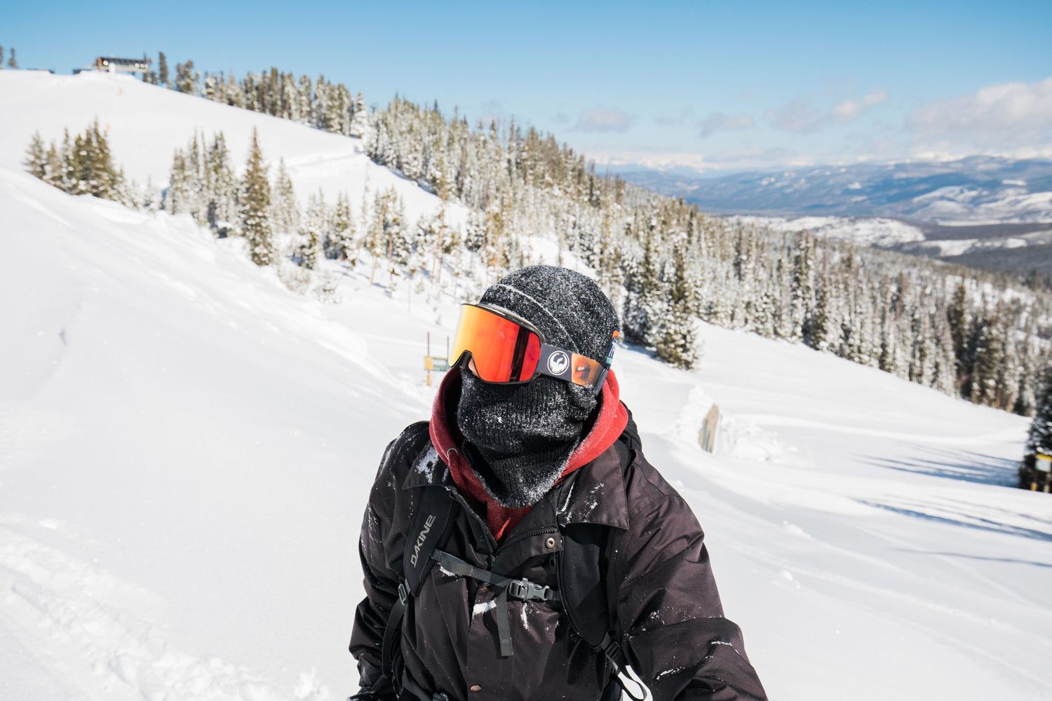 Snow covered ski slopes with evergreen trees dotting the mountainside under clear blue winter skies.