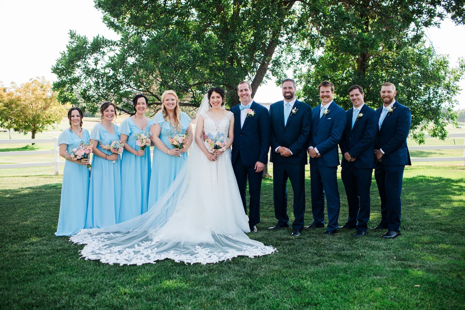 Wedding party posing outdoors with bridesmaids in light blue gowns and groomsmen in navy suits under large tree.