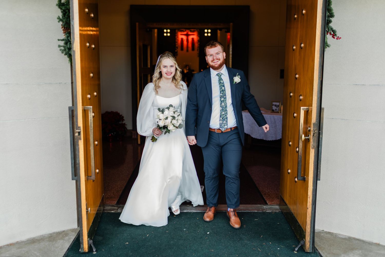 A series of wedding photos showing couples walking through a doorway decorated with twinkling lights.