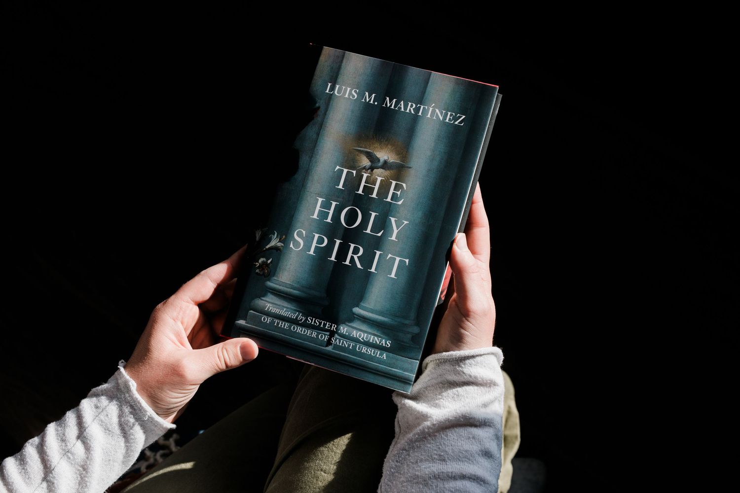Hands holding 'The Holy Spirit' book by Luis M. Martinez against a dark background.