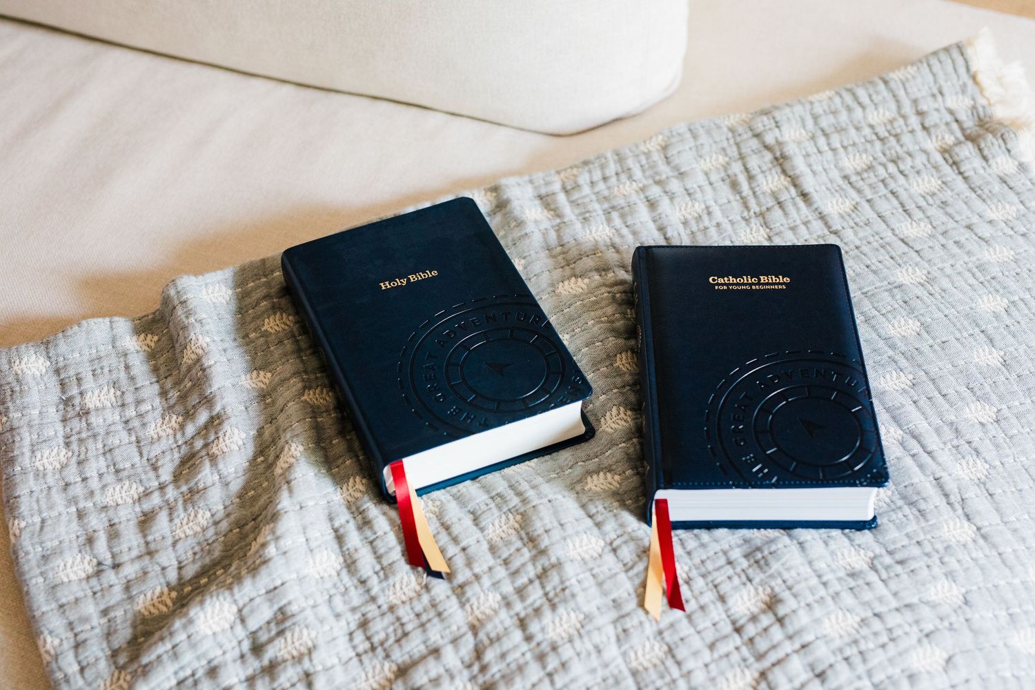 Two dark navy Holy Bible and Catholic Bible books with red and gold ribbons resting on a textured white cloth surface.