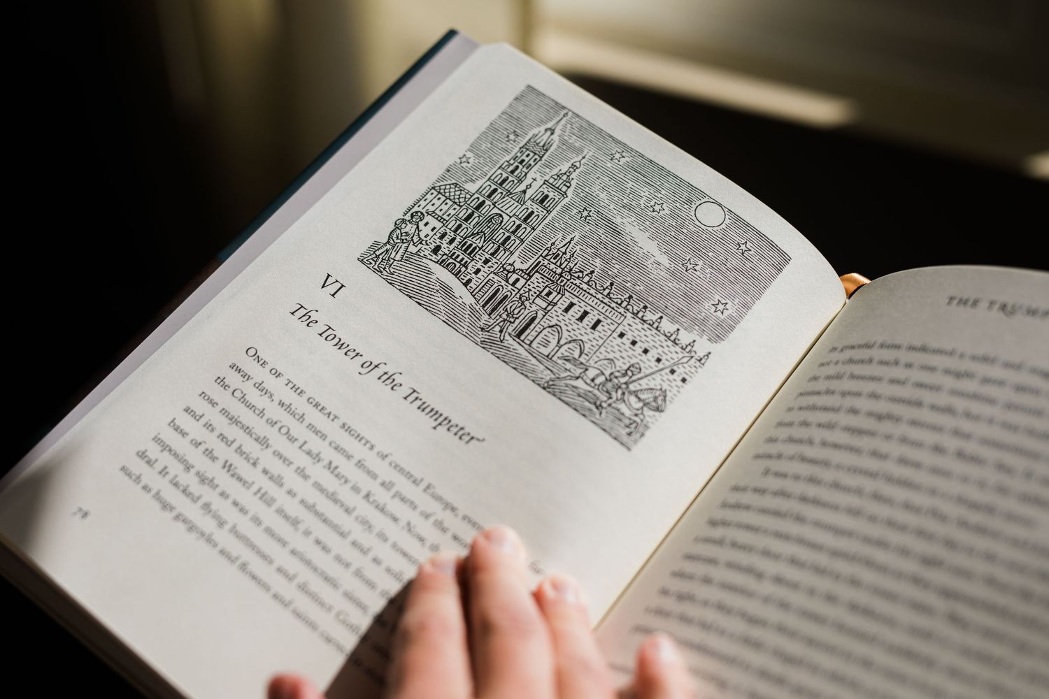 Open hardcover book showing detailed text and illustrations on cream-colored pages.