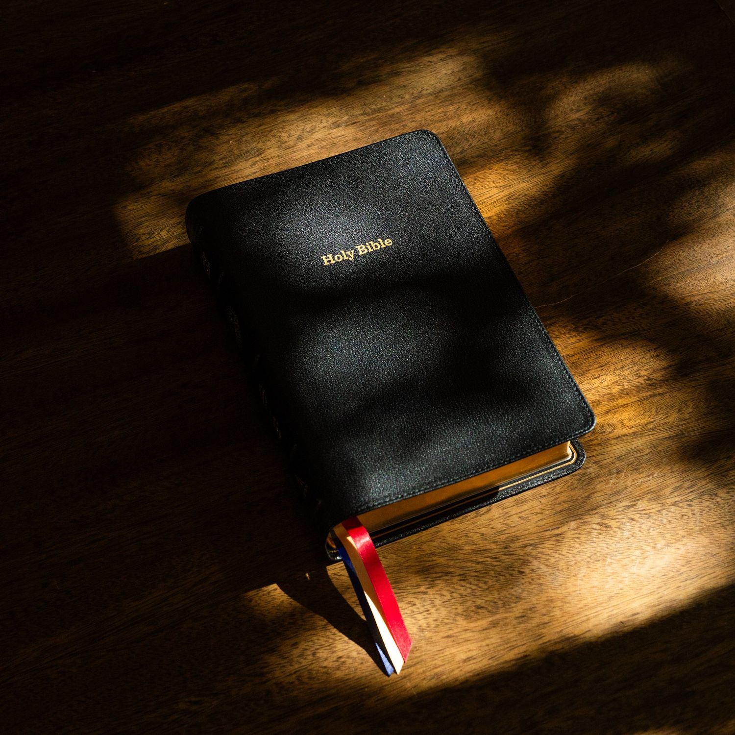 A black leather-bound book with a red bookmark resting on a wooden surface with soft lighting.