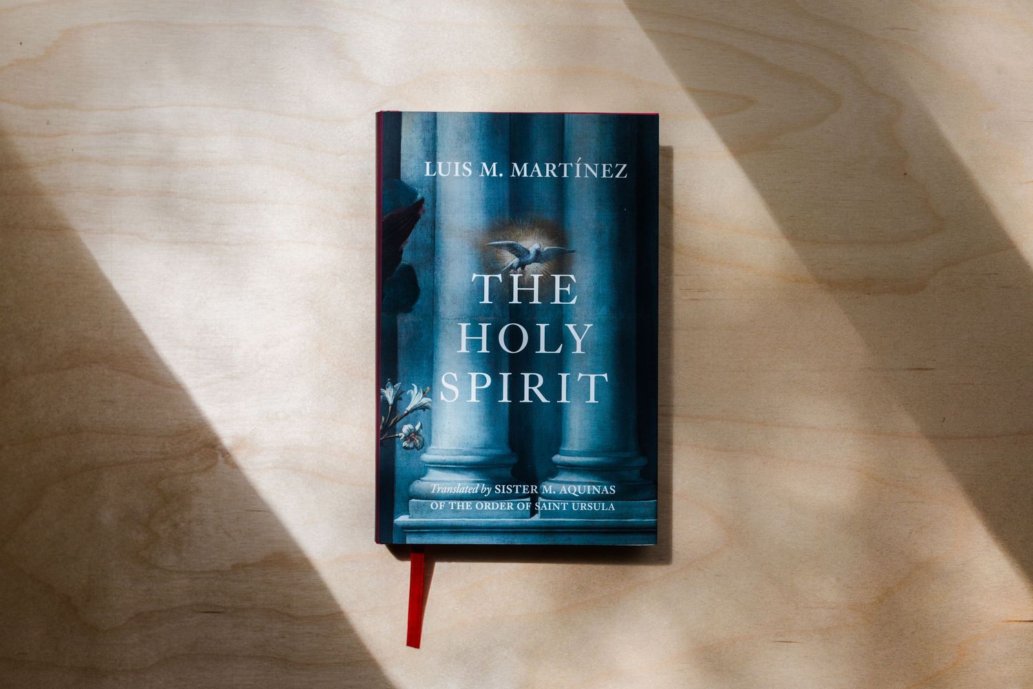 Book titled The Holy Spirit by Luis M. Martinez resting on a wooden surface with soft natural light and shadows.