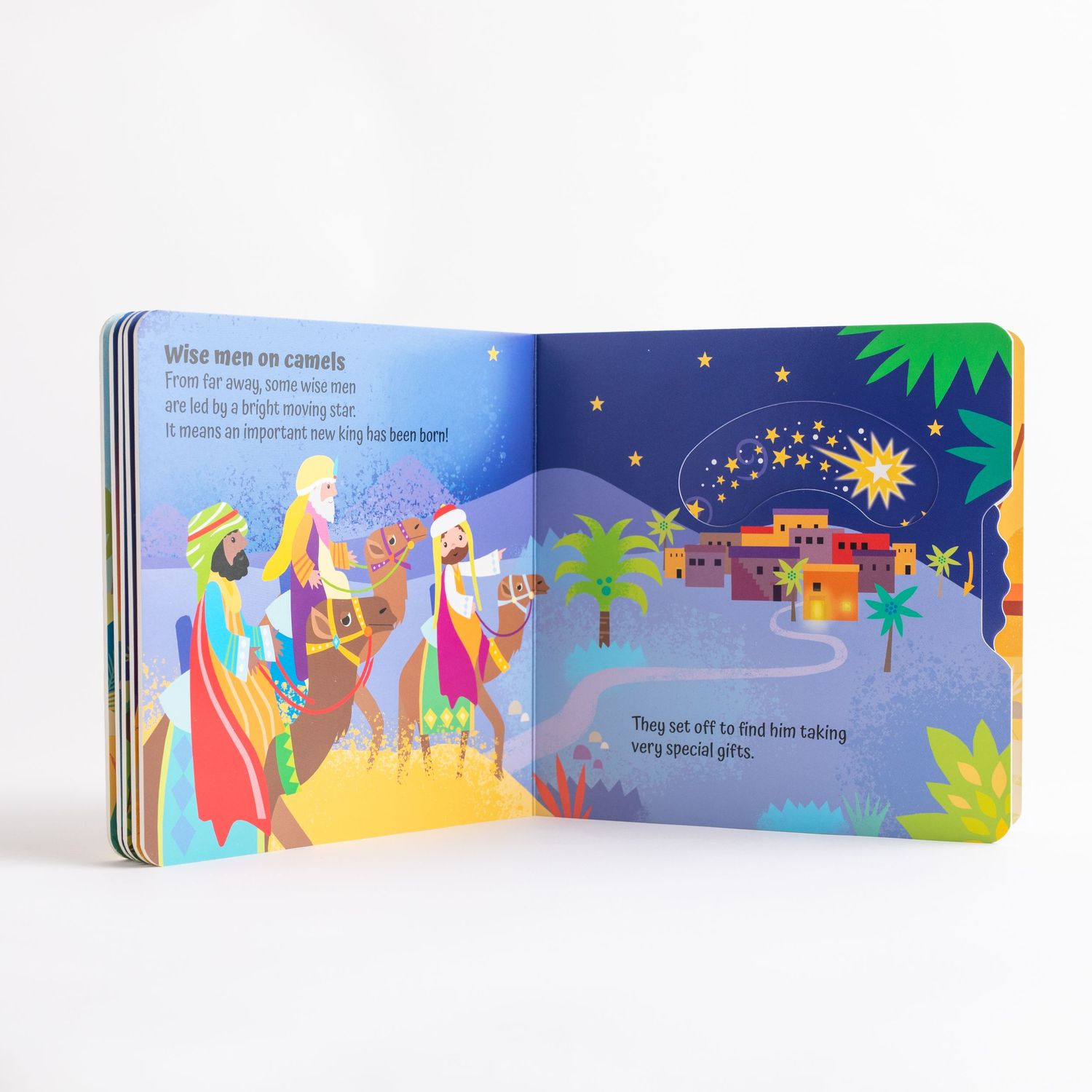 Colorful children's book spread showing biblical scenes with palm trees and stars in vibrant illustrations.