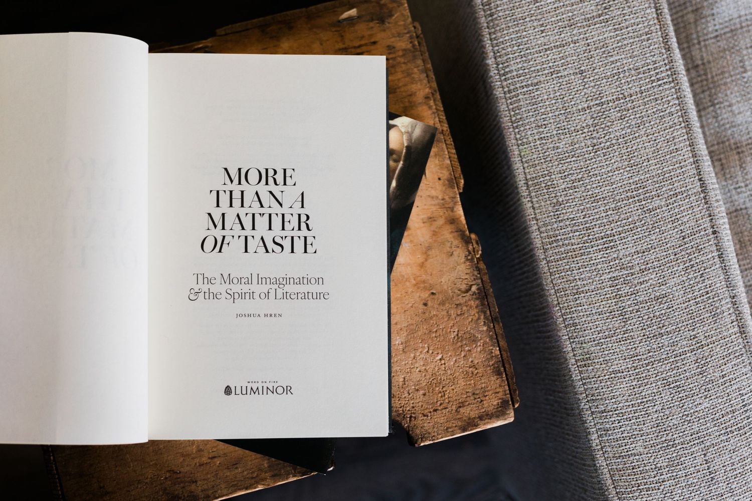 Open book titled More Than a Matter of Taste about moral imagination and spirit of literature by Luminow.