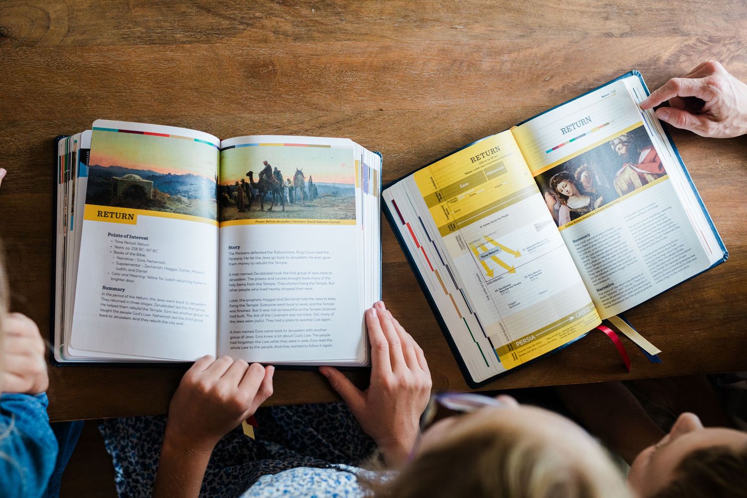 Overhead view of two people studying colorful educational books on a wooden table.