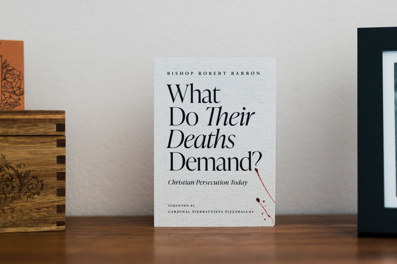Book titled What Do Their Deaths Demand? by Bishop Robert Barron on Christian Persecution Today, displayed on a shelf.