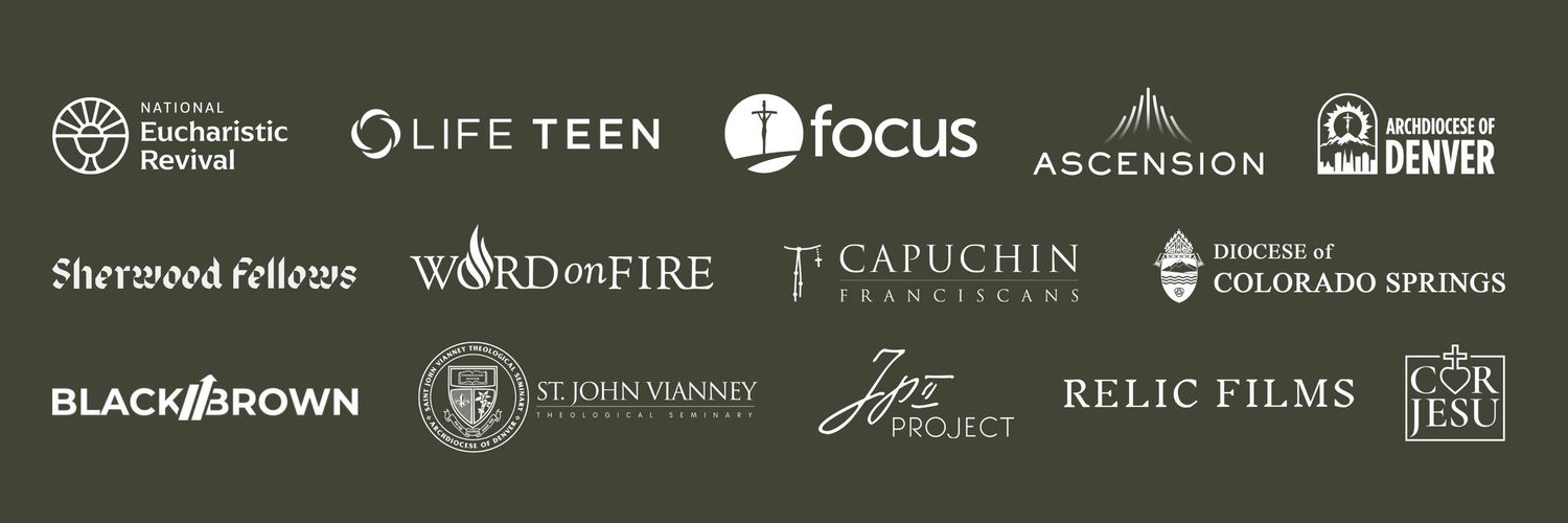 A collection of Catholic organization logos including Life Teen, Focus, Ascension, Word on Fire, and Relic Films on dark background.