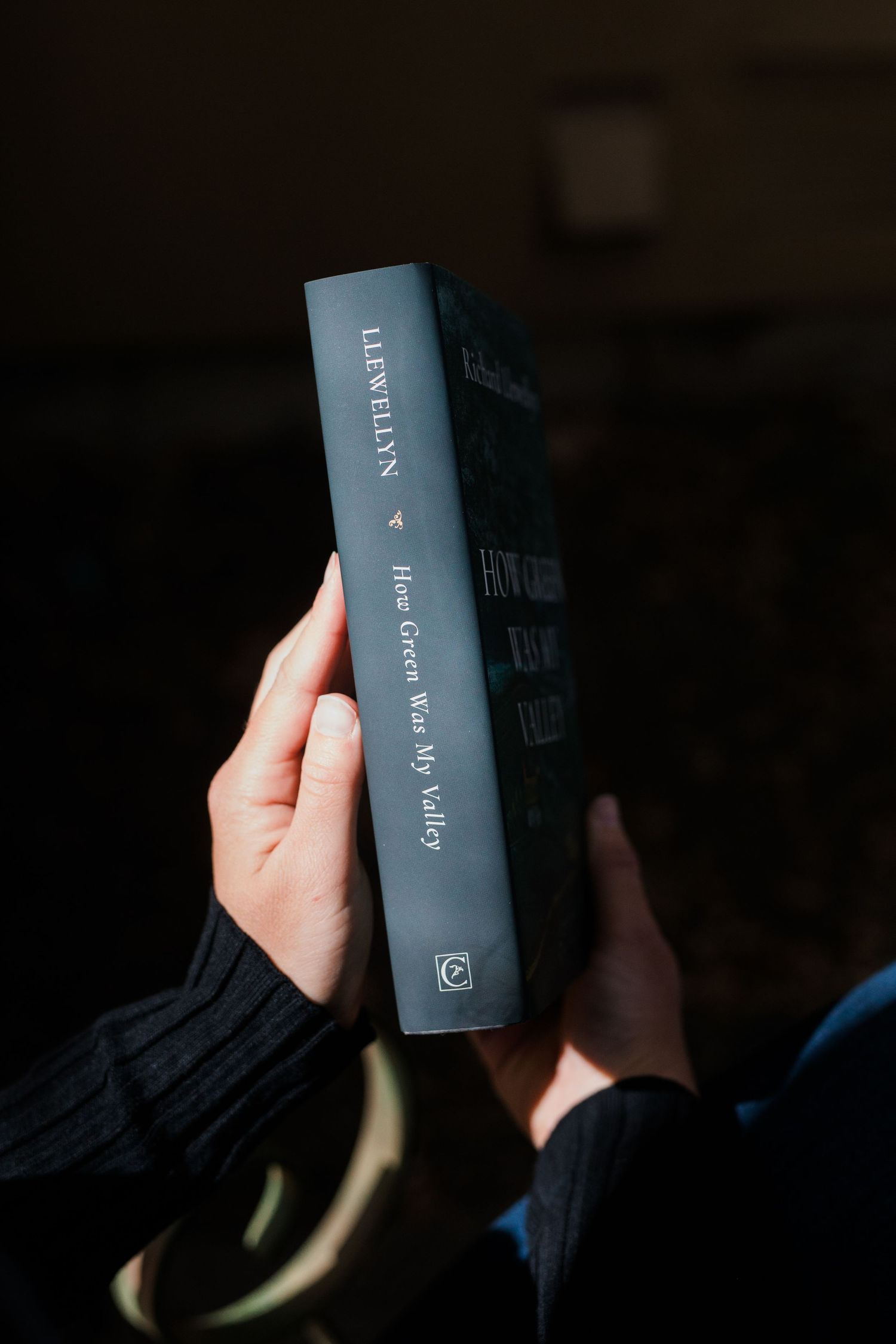 Hands holding a copy of How Green Was My Valley by Llewellyn, a classic hardcover book with dark spine.