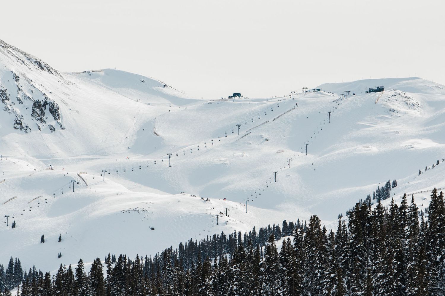 Panoramic winter mountain landscape showing snowy ski slopes and dense pine forest below.