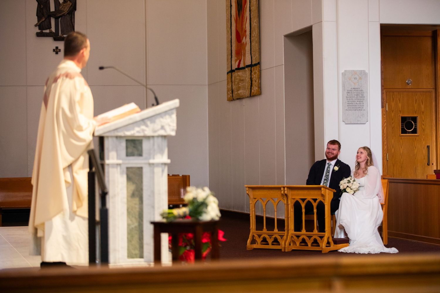 A series of candid wedding ceremony moments captured in a church with wooden panels and white decor.
