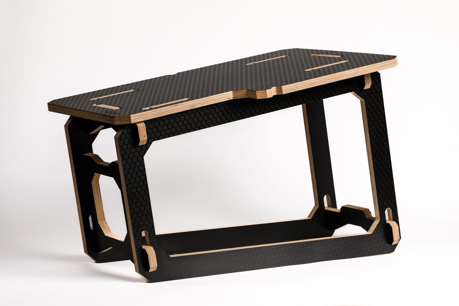 Black and gold modern desk organizer shown from multiple angles with sleek geometric design and storage compartments.