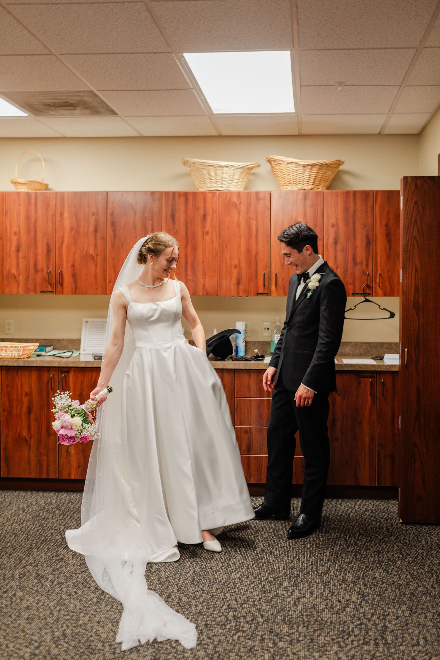 A series of wedding photos showing a couple in a wood-paneled room with carpeted floors.
