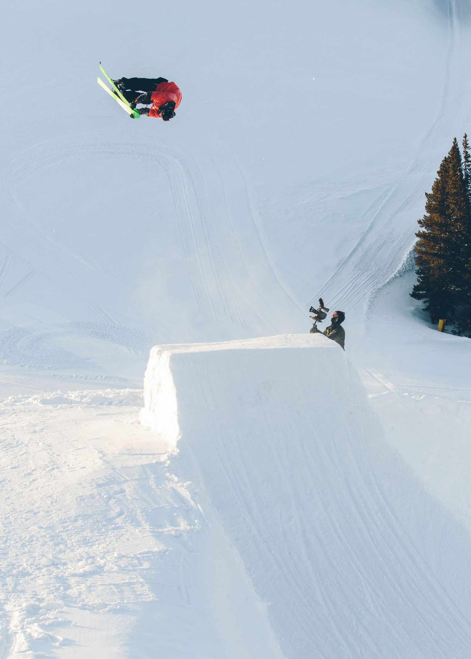 Skier carving through fresh powder snow on a steep mountain slope with evergreen trees in the background.