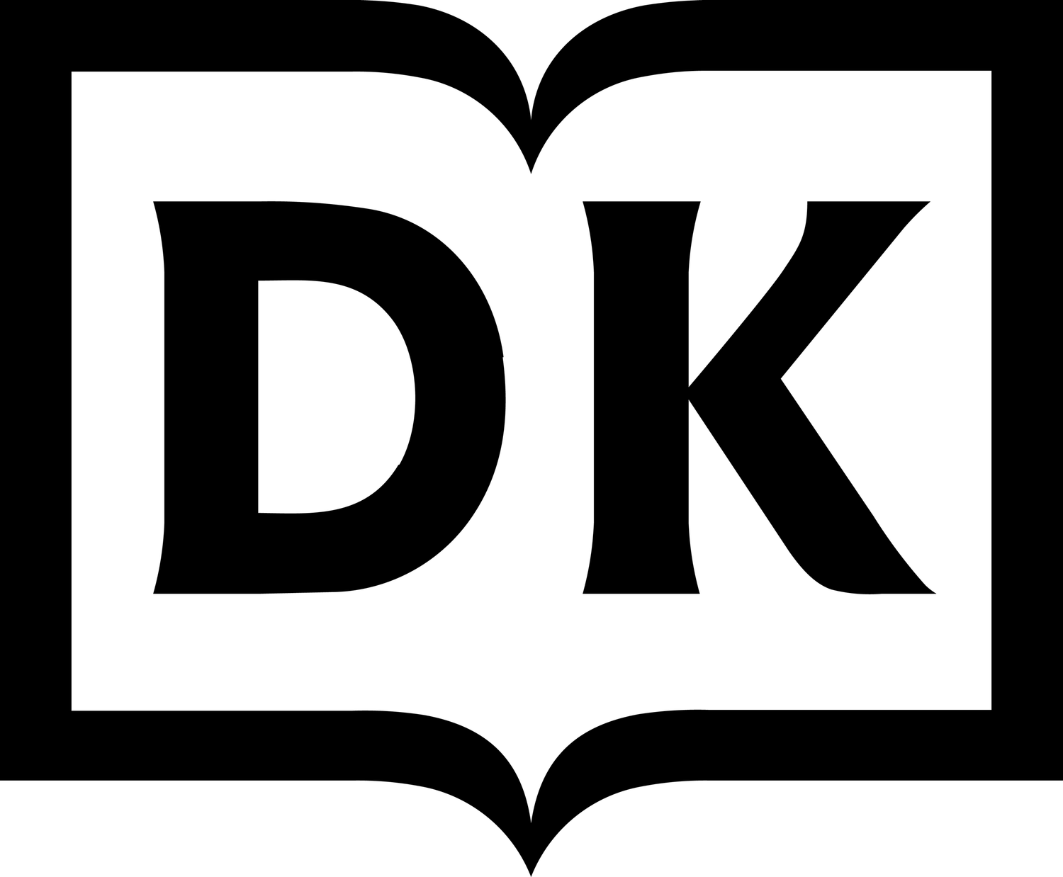 Black DK logo featuring letters inside an open book shape.