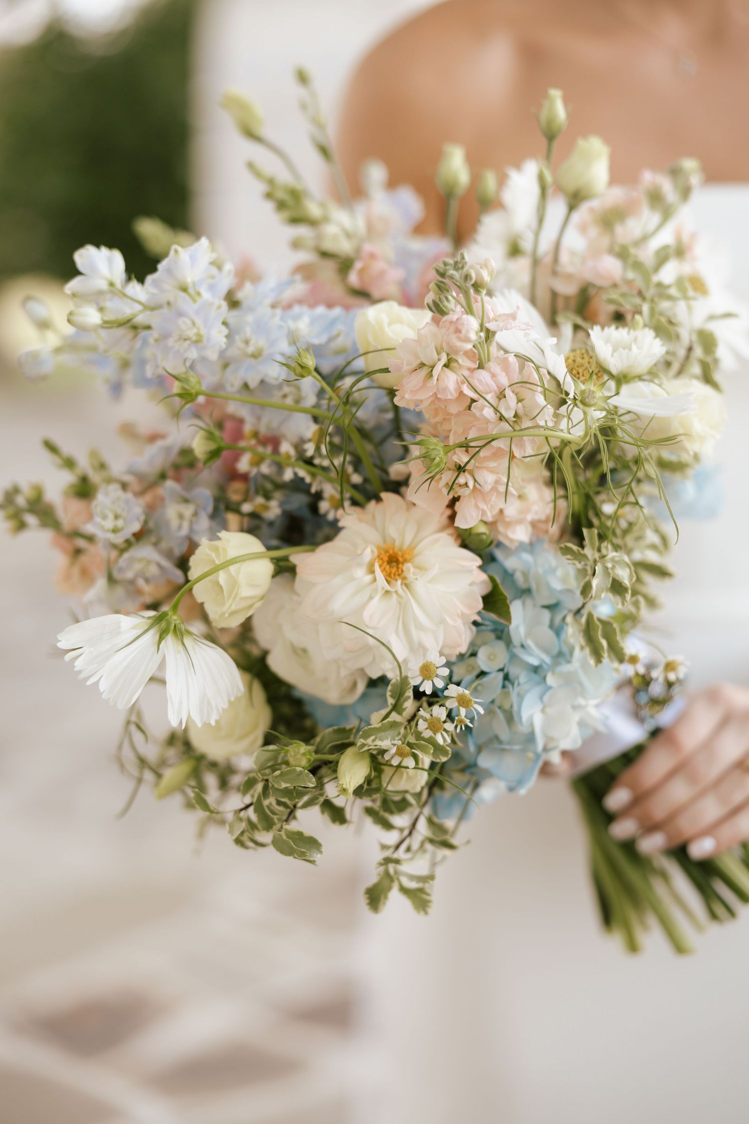 Romantic bridal bouquet with pastel blue hydrangeas, white cosmos, and blush pink flowers held by bride.