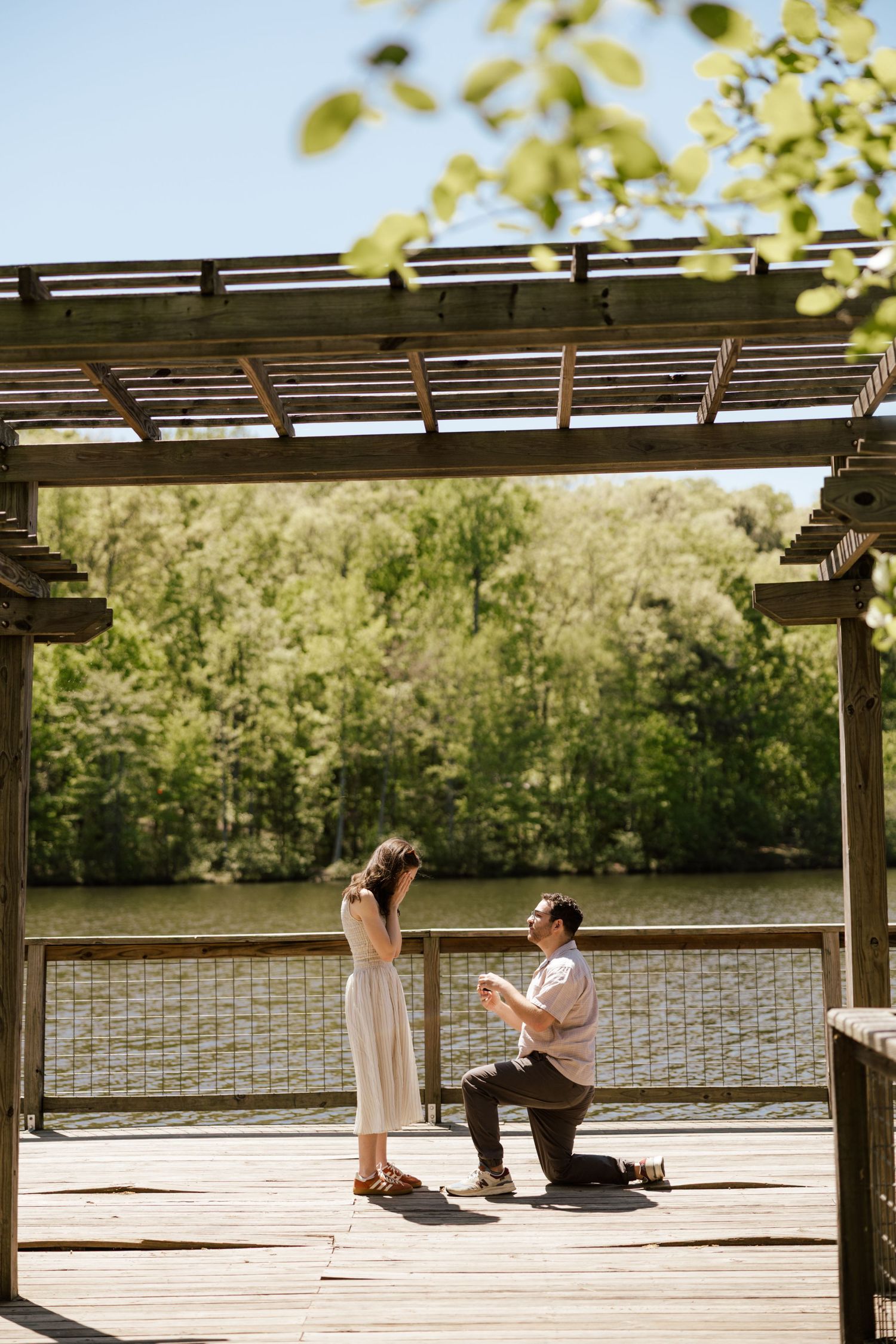 Man proposes on one knee to woman on wooden deck by lake, surrounded by lush green trees on sunny day.