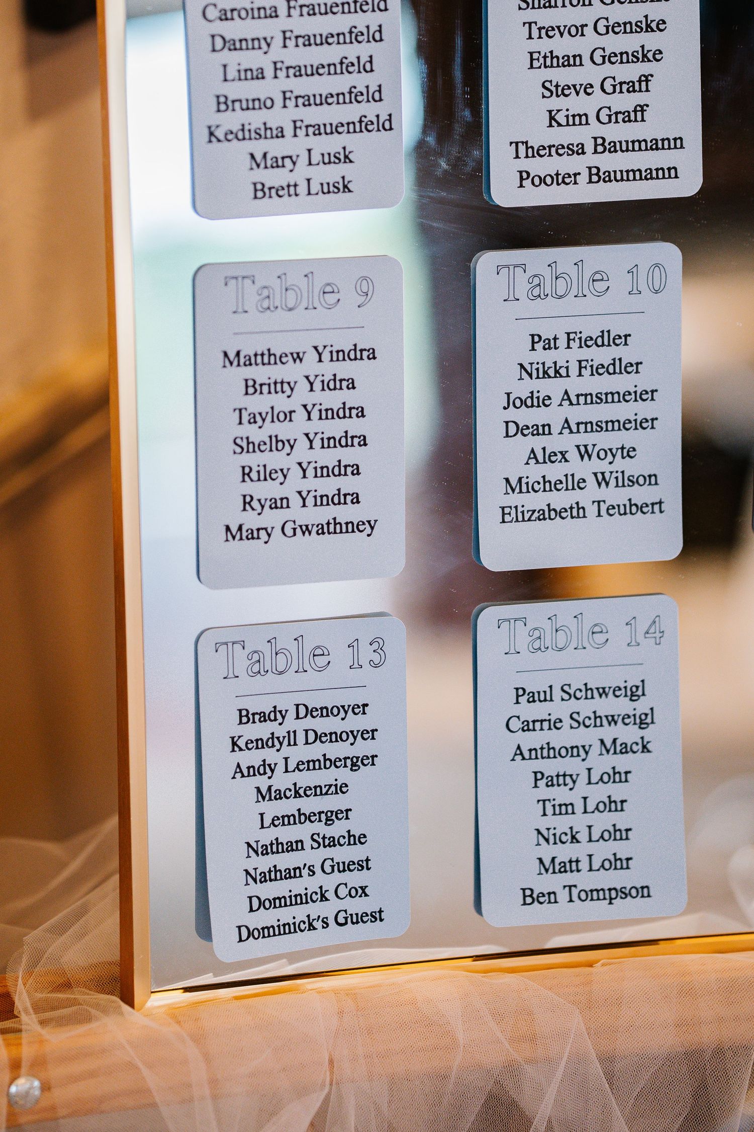 Close-up view of wedding reception seating chart with guest names printed on white cards arranged in rows.