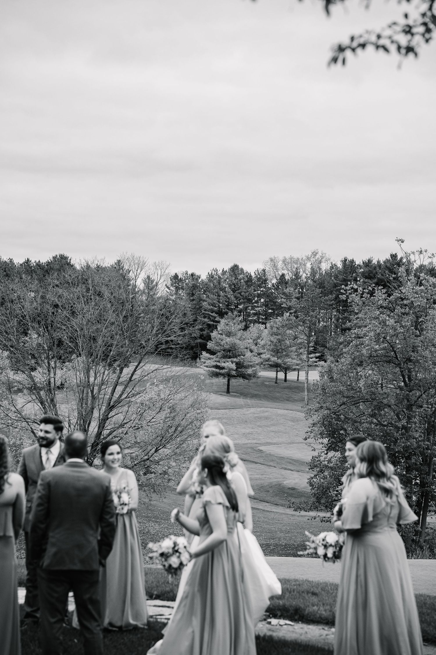 A black and white wedding photo showing a bridal party gathered outdoors on a hill overlooking a scenic wooded landscape.