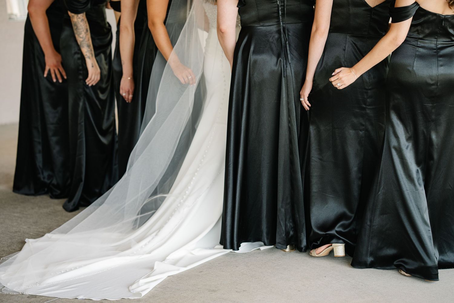 Wedding party members in black formal attire stand together with a bride in a flowing white gown and veil.