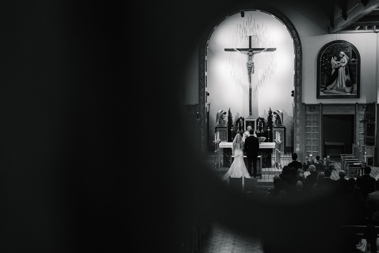 A series of black and white photographs showing religious crosses and church interiors in dramatic lighting.