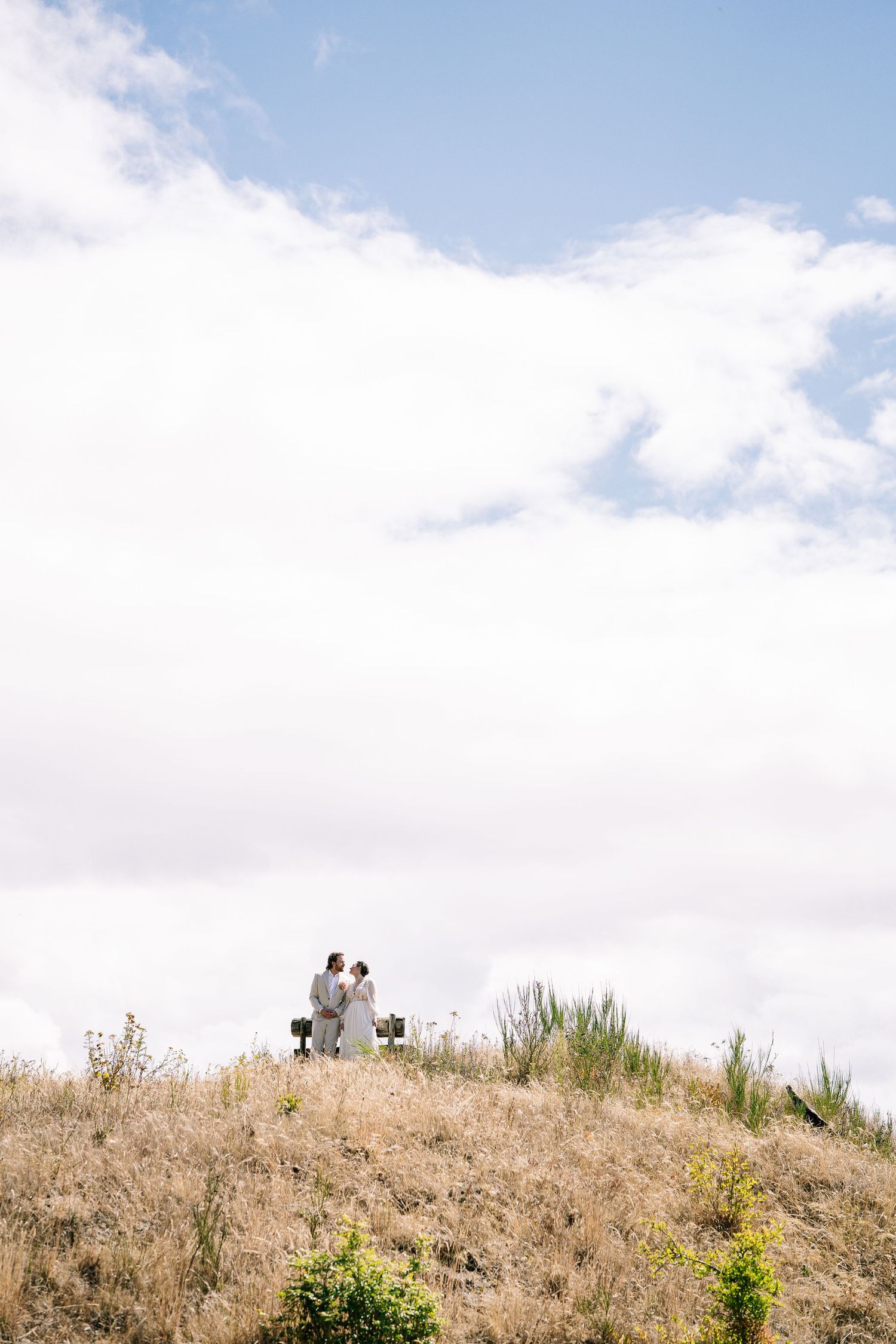 People stand on a grassy hilltop against a bright blue sky with white puffy clouds.
