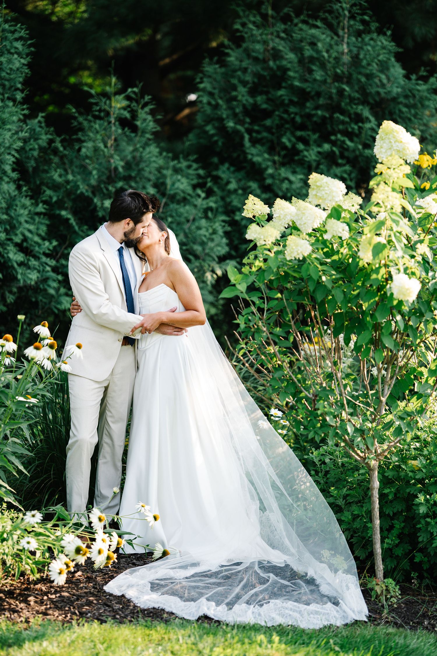 A romantic wedding couple embraces in a garden setting with white hydrangeas and a flowing veil.