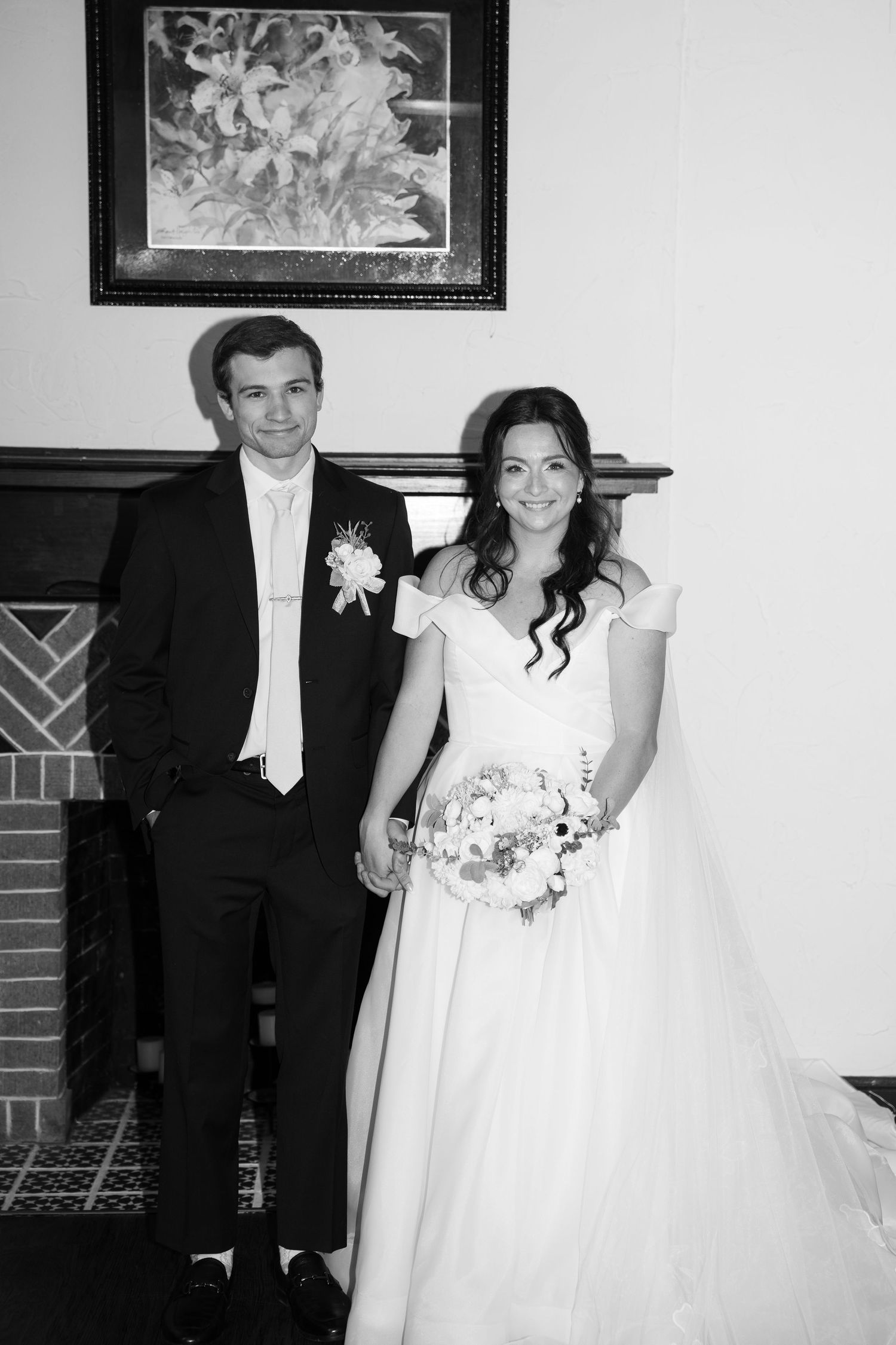 A series of black and white wedding photos showing couples in formal attire during a ceremony.