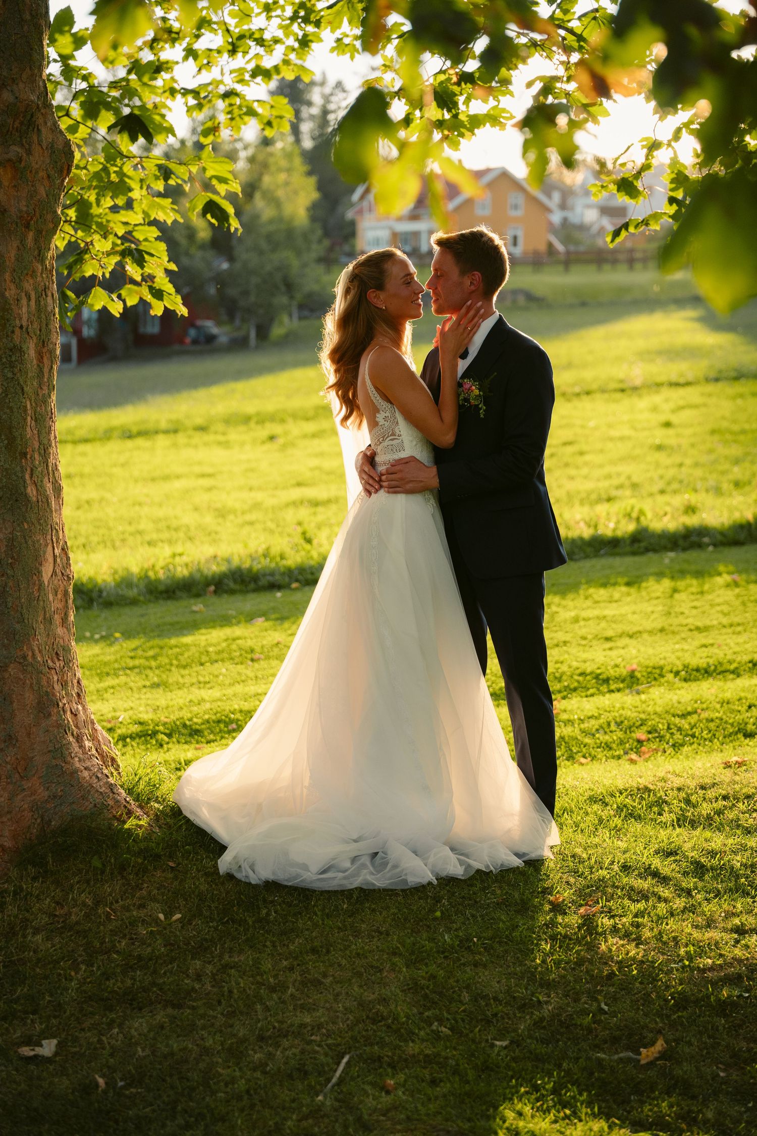 Newlyweds share intimate moment in park during sunset golden hour.