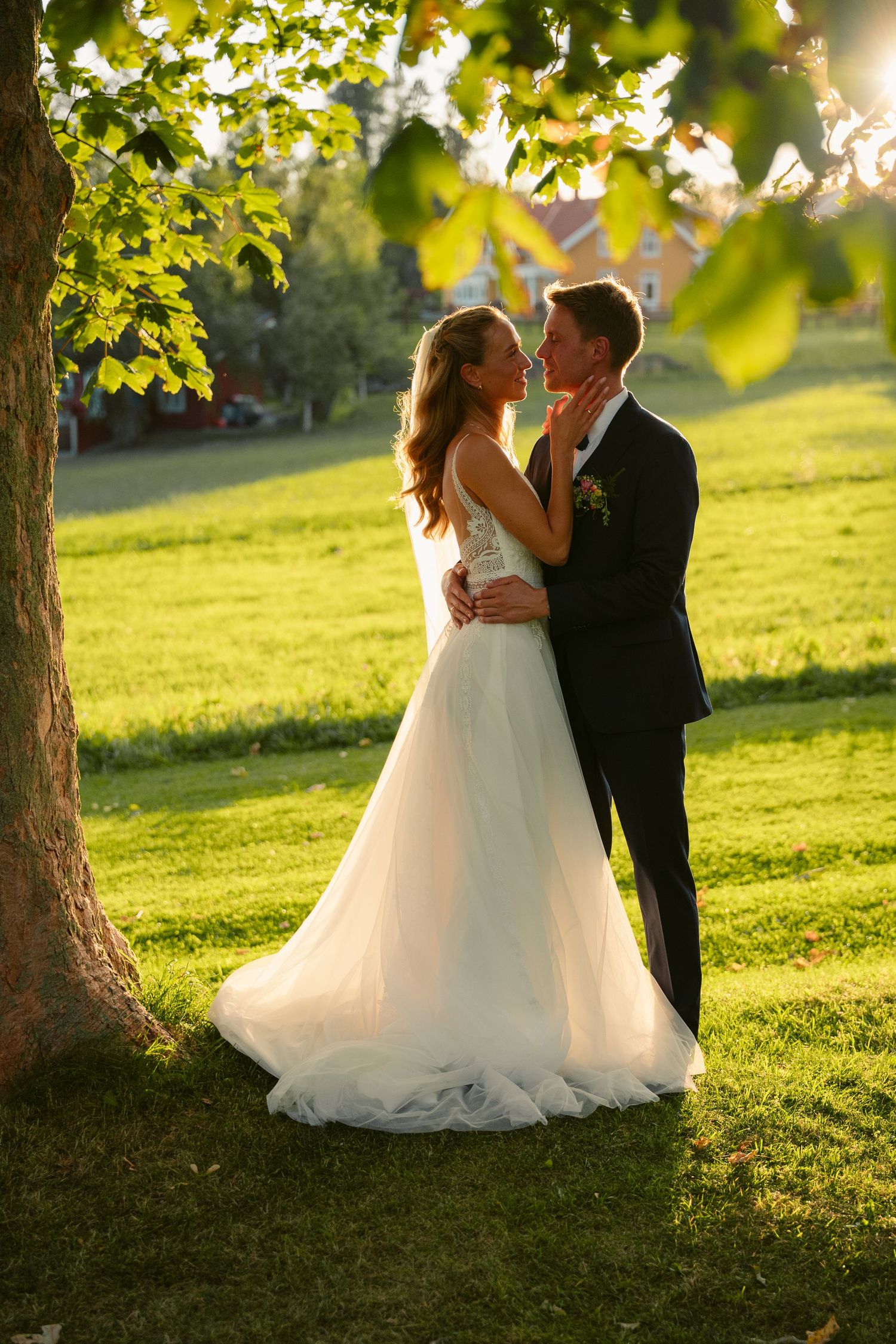 Wedding couple embraces under trees during golden hour sunset photography session.