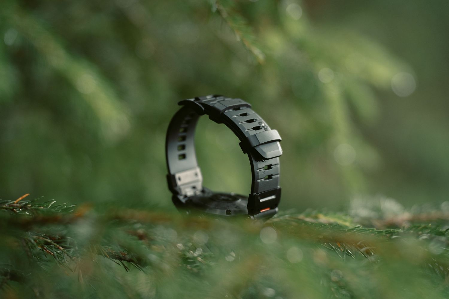 Black smartwatch band resting on lush green moss surrounded by pine branches in a nature setting.