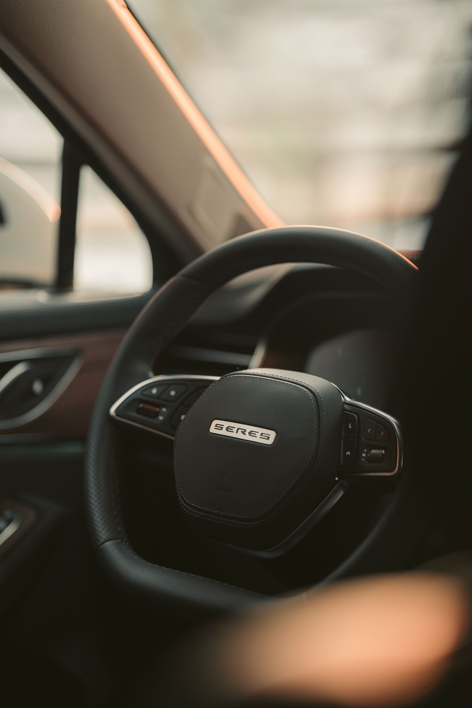 Close-up of a modern car steering wheel with Genesis branding.