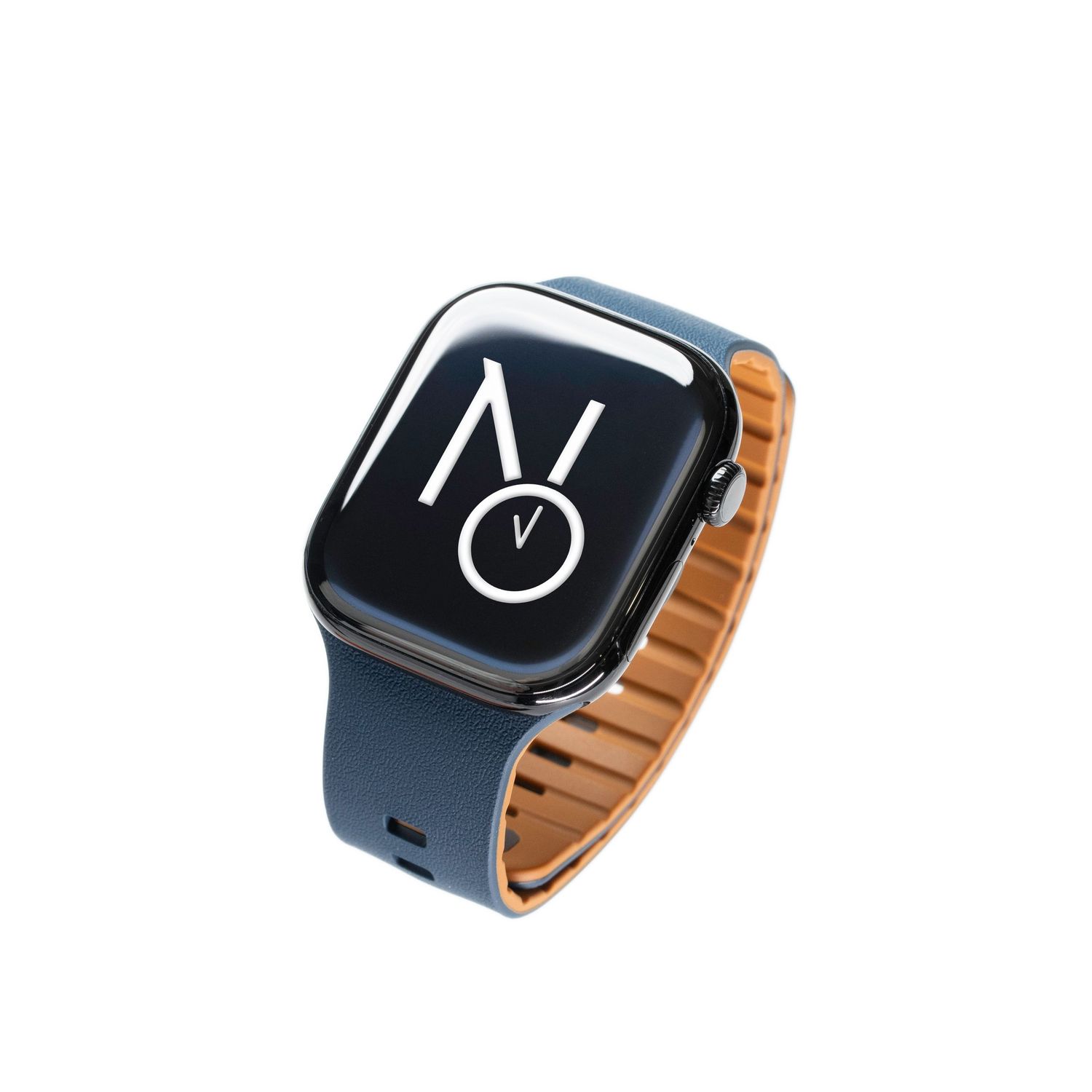 Navy blue smartwatch with tan leather magnetic band featuring a minimalist logo on the display.