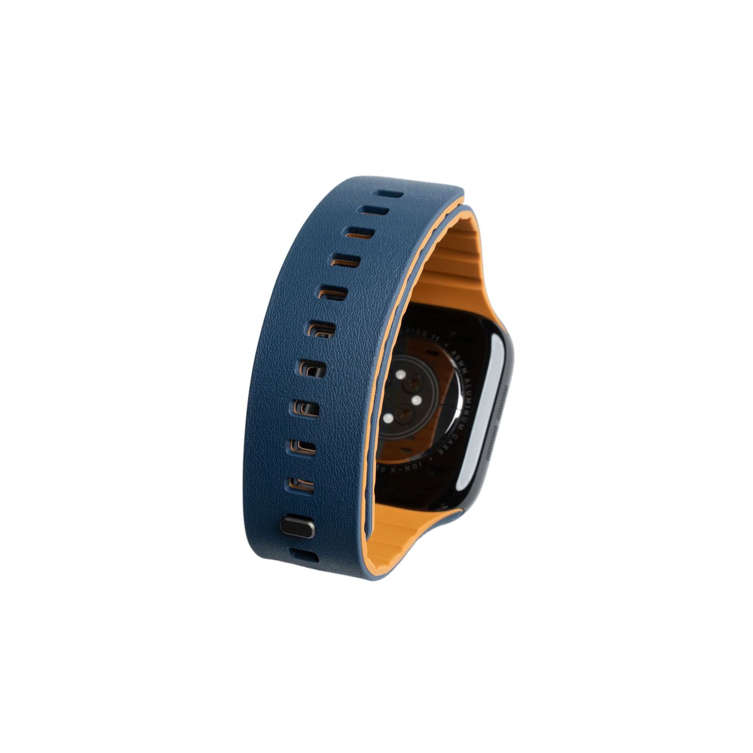 Navy blue and orange two-tone silicone smartwatch band with ventilation holes, compatible with Apple Watch.