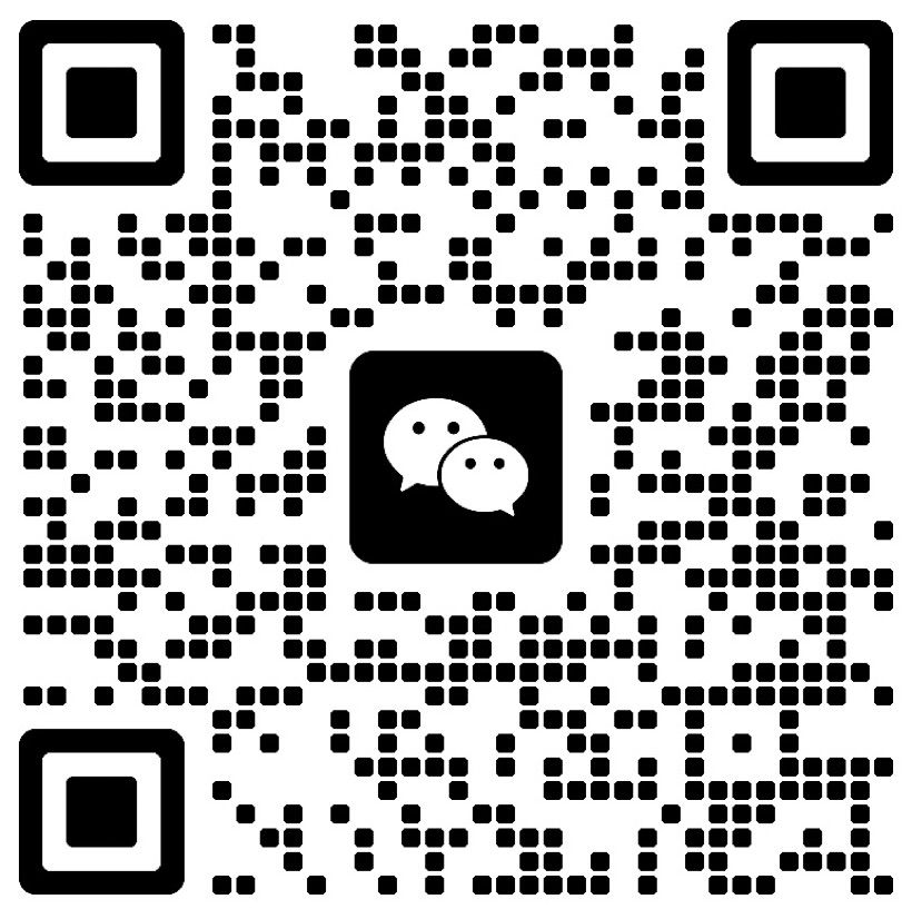 Black and white WeChat QR code with three corner squares and WeChat logo in center for scanning and connecting.