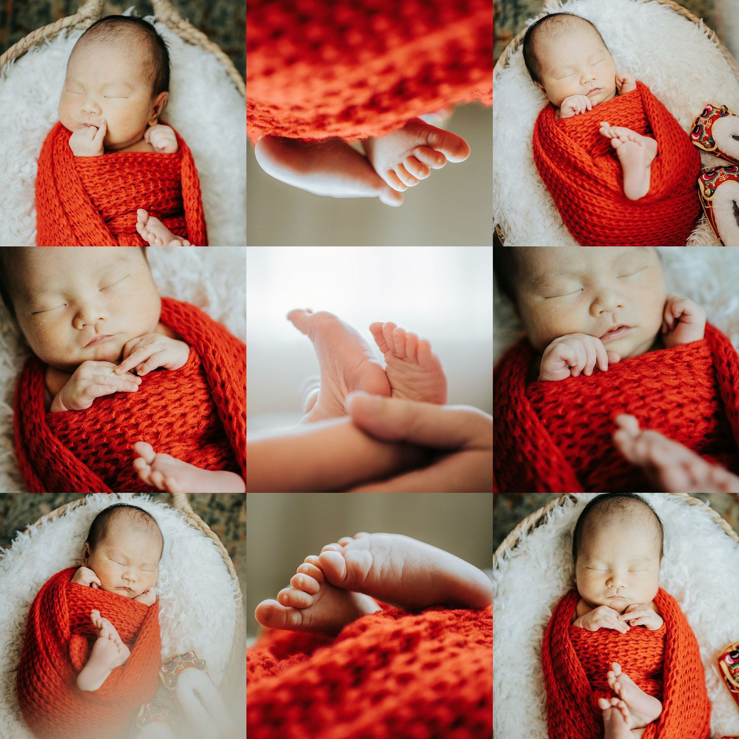 Collage of a sleeping newborn baby wrapped in a red knit blanket, with close-up shots of tiny feet and toes.