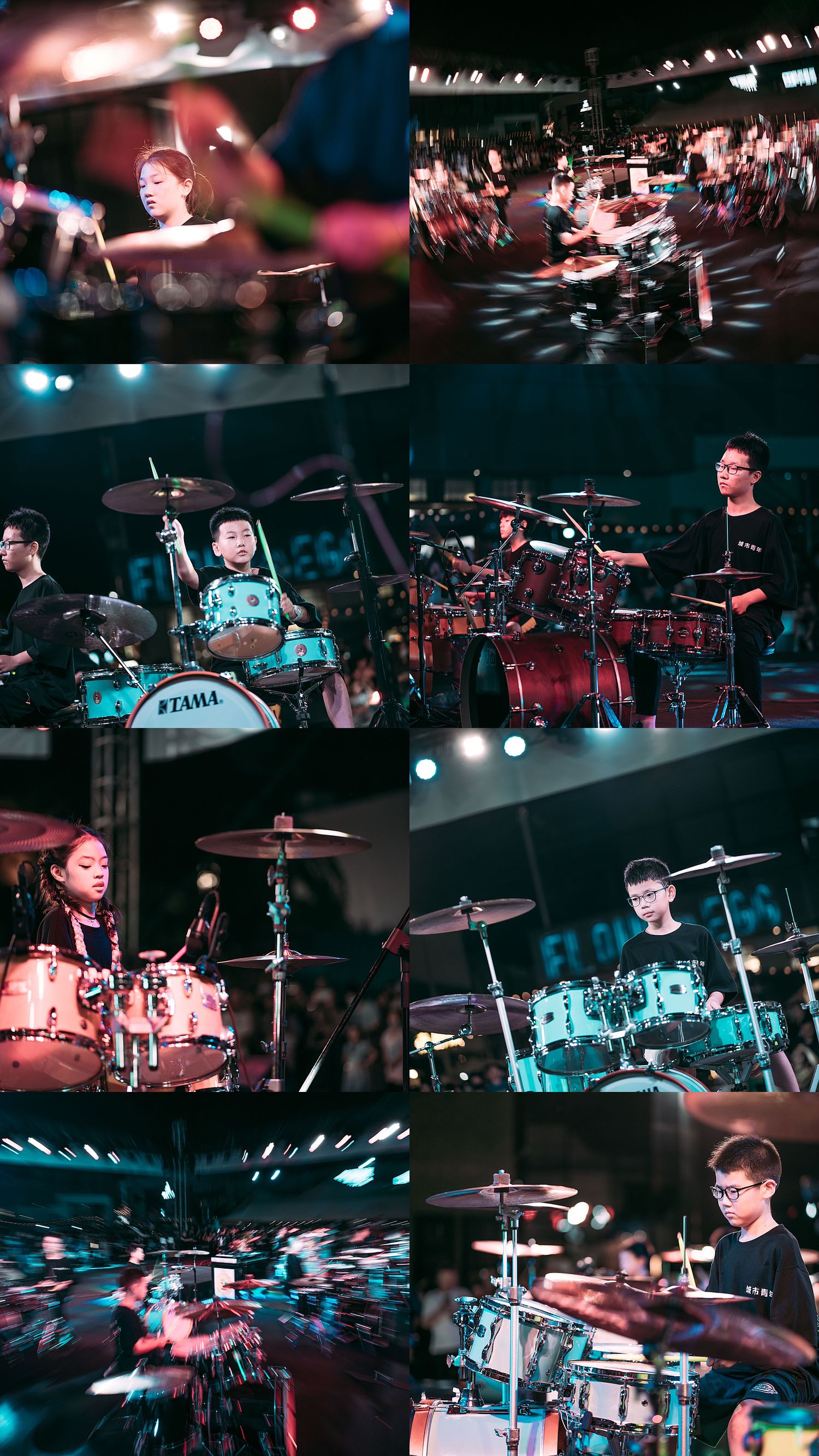 A collage of young drummers performing on stage with Tama drum kits under colorful concert lights.